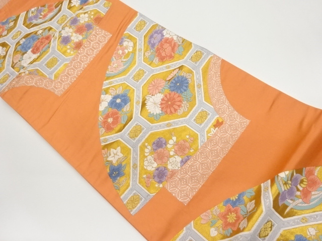 地紙に蜀江文・花々模様織出し袋帯